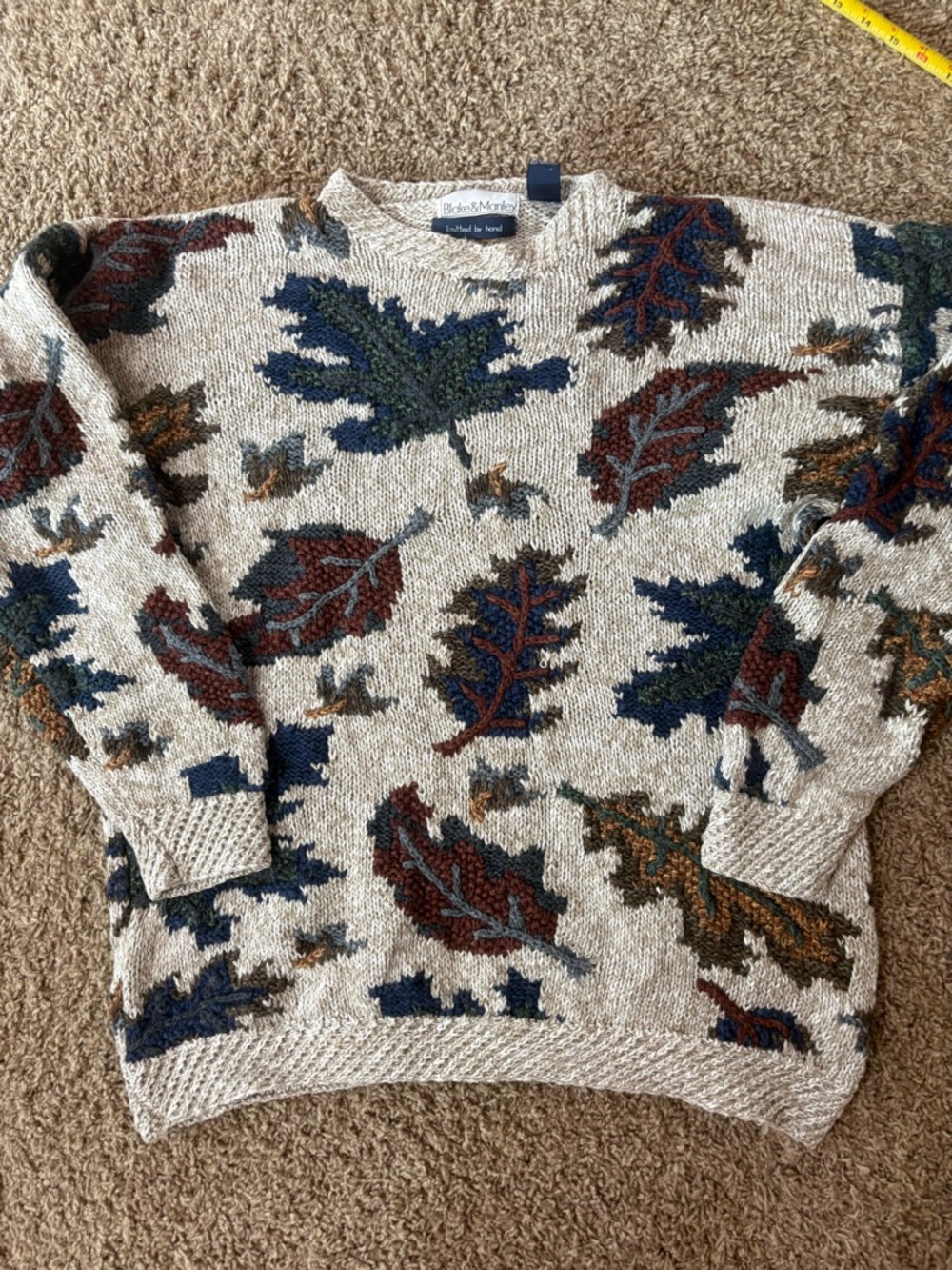 Women’s Beige Crewneck Sweater with Multicolor Leaf Pattern